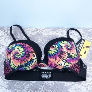 NWT 36C Joe Boxer colorful rainbow push up bra black pink blue yellow tie dye